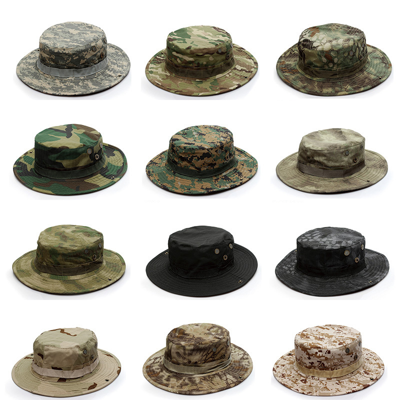Boonie Hat Tactical - หมวกบักเก็ตสำหรับกิจกรรมกลางแจ้ง แบบหนา ลายพราง หมวกป้องกันแสงแดด หมวกชาวประมงปีกกว้าง หมวกซาฟารี