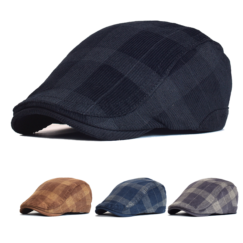 Dad Hat Cotton - ฤดูหนาว Vintage ลายสก๊อตหนา Beret หมวก Corduroy
