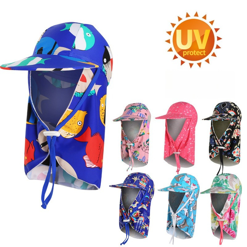 Sun Hat Wide Brim - หมวกกันแดดเด็ก หมวกว่ายน้ำปีกกว้าง หมวกกันแดด UV พร้อมผ้าคลุมคอ กันลม
