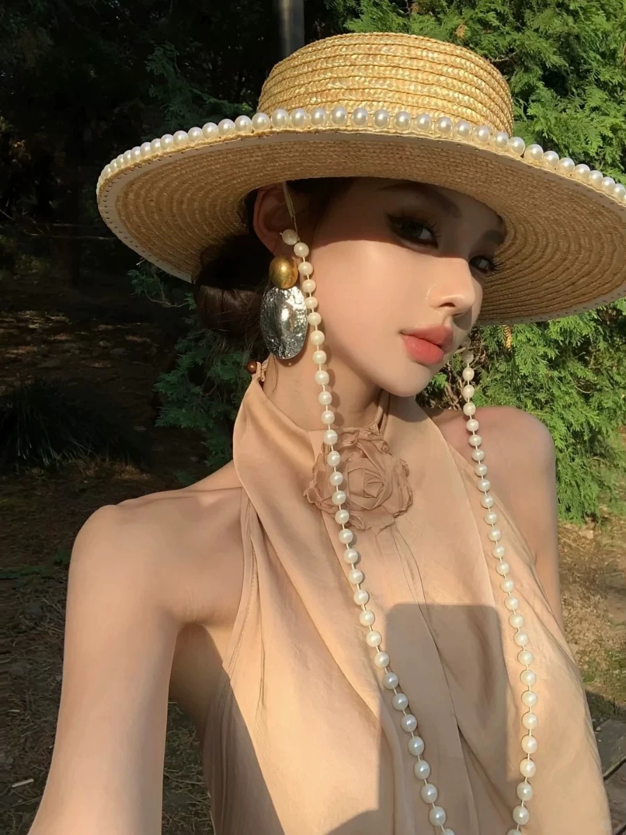แฟชั่นฤดูร้อนใหม่ Pearl CHAIN  - Cowboy Hat Straw บทวิจารณ์และราคา